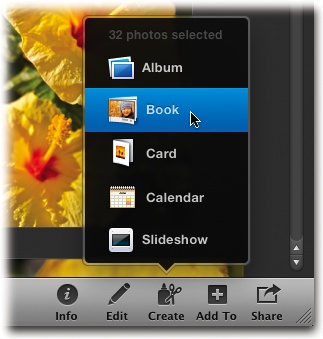 Once you’ve gotten a book, calendar, or card under your belt, Full Screen view reveals the world’s coolest project bookshelf. Click a project and iPhoto illuminates it with a built-in shelf light. Hover your mouse over the project to see its details.