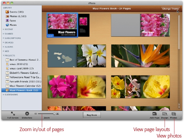 Behold, iPhoto’s miniature page-layout program in All Pages view. You can always revisit your choice of theme—or even book type—by clicking the Change Theme button in the upper right.You can drag pages to reorder them, and use the slider at the bottom left to make the pages bigger or smaller. The buttons at the bottom right let you add pages, view different layout designs for each page, or see all the photos you selected for your project.