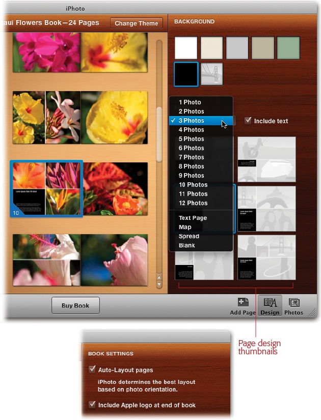 Top: Click a page in All Pages view, and then click the Design button to reveal the new Design panel. Here, you can specify the background color for certain page designs (front and back cover, flaps, and pages that allow captions), as well as how many photos you want on any given page.The Layout menu shows the different page designs for that photo quantity. Both the number of photos and layout menus change according to the page type you’ve chosen on the left. (You get fewer options for bonus page types like Cover and Introduction.)Bottom: If you don’t have any pages selected, the Design panel changes to show global project options, like the Book Settings shown here.