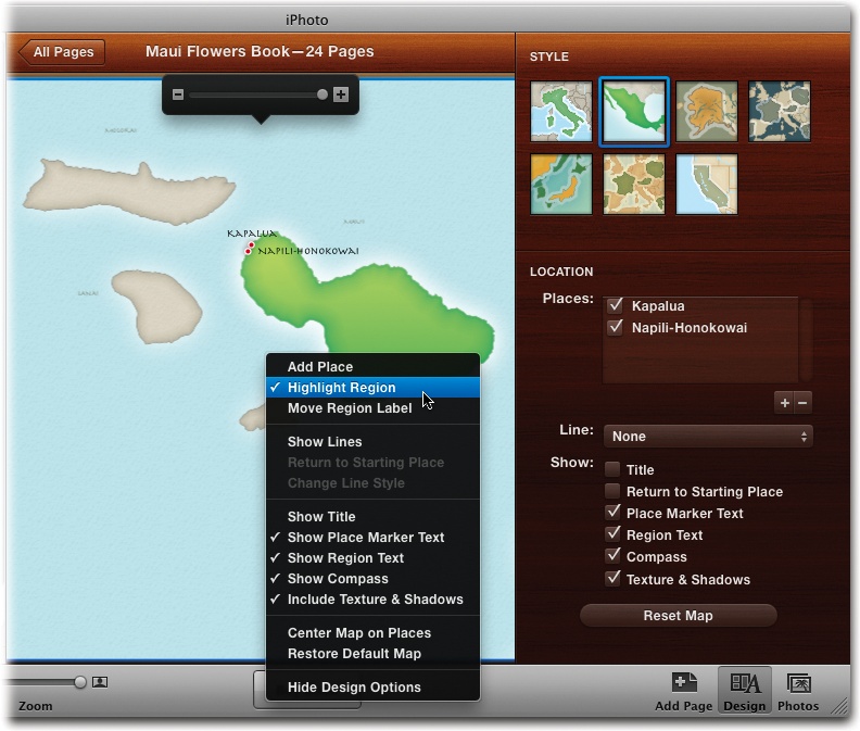 After adding a Map page, the customization begins. Double-click the map to enlarge it and enter Single Page view, and then click it again to reveal even more design options. Here you can choose from a variety of map styles at the top of the Design panel, and plot new points by clicking the button in the Places list. (To delete a location, select it and click the button.)Control-clicking (or right-clicking) the map brings up a shortcut menu of other options.