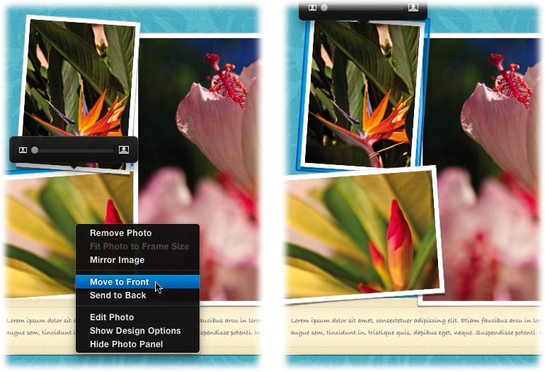 In some book themes—like Tropical Travel, shown here—photos have been “tossed” onto the page so they overlap slightly. In the rare event that an important part of a photo is covered up by another, you can rearrange their front-to-back order using the shortcut menu shown at left. Here, the lower-left photo (left) is being slipped on top of the bigger photo (right).