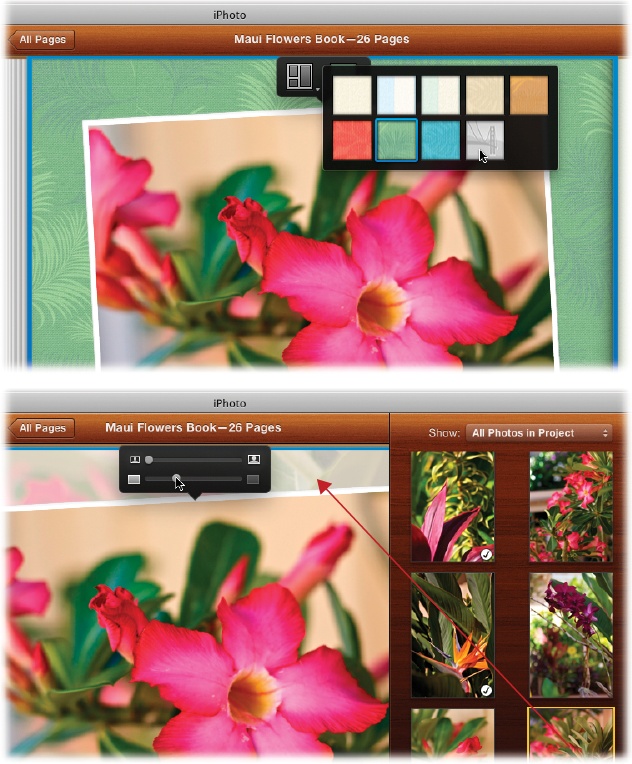 Top: To install a picture as a photographic backdrop, choose the final background option (the one with the Golden Gate Bridge on it) in the design pop-up menu, as shown here, or in the Design panel. Then open the Photos panel (if it’s not open already) by clicking the Photos button in the toolbar, and then drag the photo you want onto a blank spot of the gray background. Sunsets, sandy beaches, cobblestones, and so on, can work well for book backgrounds.Bottom: The controls shown here automatically appear. Use the top slider to adjust the crop and position of the background photo; use the bottom slider to change its transparency (drag left to make it more see-through). The idea is that a background photo should be fainter and subtler than the foreground shots.If you really want to get creative, try using the same shot as both background and foreground. By enlarging the background shot and decreasing its transparency, you can create some neat effects.