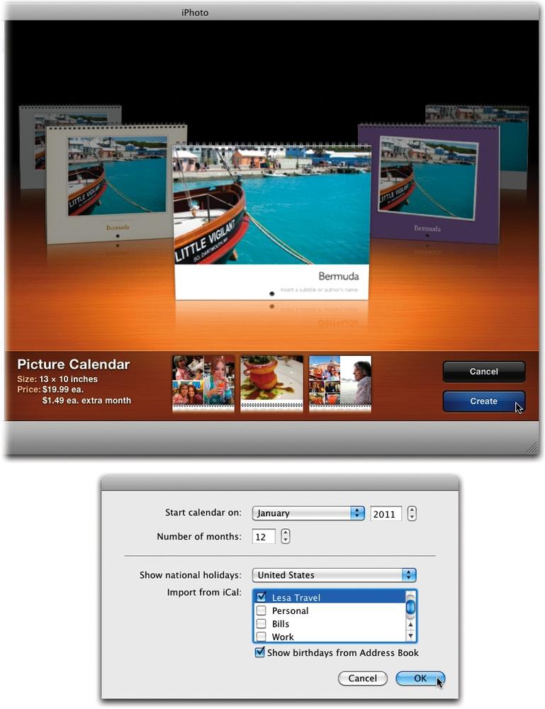 Top: All the calendar themes are, well, designs for calendars. The differences among them have to do with date sizes, photo placement, and background pattern.Bottom: As indicated by the “Start calendar on” controls, your calendar doesn’t have to start with January, and it can include up to 24 months (two years).As for “Import from iCal,” you can turn on the checkboxes individually for each calendar (that is, category) that you’ve set up in iCal: Work, Social, Home, Star Trek Conventions, whatever.