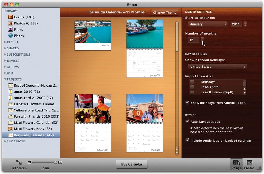 If you’re working on your calendar project in All Pages view and you don’t have any pages selected, you can return to the calendar’s settings by clicking the Design button in the toolbar.You can rearrange the pages of your calendar in this view, too; just click and drag the pages into place.