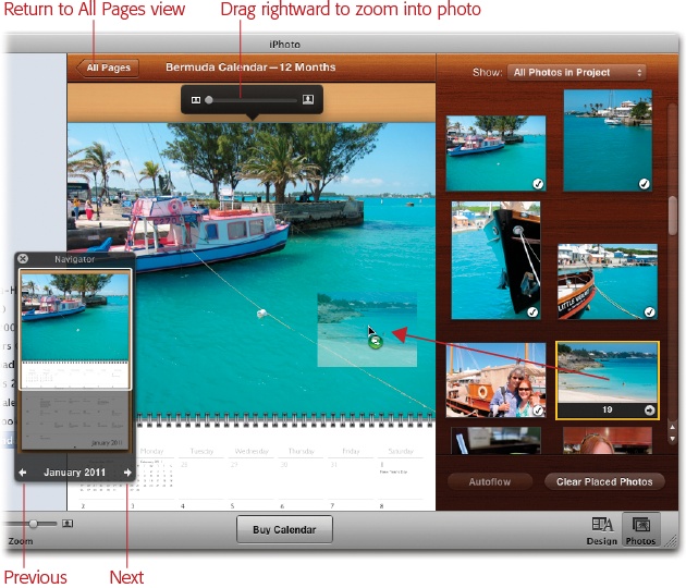 If you click the toolbar’s Photos button while in Single Page view, you open the Photos panel, where you can see thumbnails of the pictures you’ve selected for inclusion. To replace a photo, drag it from the Photos panel onto the photo frame, as shown here.See the little number 19 on the photo’s thumbnail? That’s the calendar page it’s used on; click the to the number’s right to hop to that page. But why does it say 19 when your calendar has 12 months? Because iPhoto counts each calendar page as 2, beginning with the first month (it excludes the front and back covers), so a 1-year calendar has 24 pages.