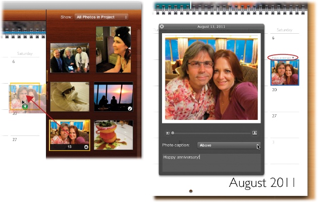 After you drag an image from the Photos panel onto a date square (left), you can click the photo in the calendar to display a handy panel (right). You can use the panel’s slider to enlarge the picture within its little box or drag inside the picture to reposition it in the frame.To add a caption, choose a location from the “Photo caption” pop-up menu and then type your text. Since the photo fills the entire date square—hiding the date itself—captions have to live outside the square: above it, below it, or to its left or right.