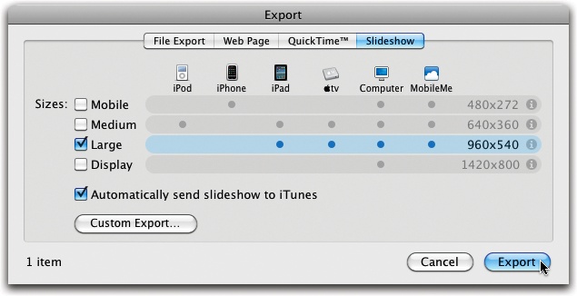 The Slideshow Export option—updated in iPhoto ’11—takes the guesswork out of getting the right settings. Based on what you (or your recipient) will use for movie-watching, choose the size of your exported slideshow on the left. The box shows you what the resolution will be and what gadgets the video works best with.