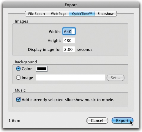 Here’s the Export dialog box with the QuickTime tab selected. This is the air lock, the womb, the last time you’ll be able to affect your movie before it’s born.You’re free to change these dimensions, however. If the movie will be played back from a hard drive, you may want to crank up the dimensions closer to the size of the screen itself; 800 x 600 is a safe bet if you’re not sure of the size. Remember, though, you have to leave some room for the QuickTime Player controls so that your audience can start and stop the movie.