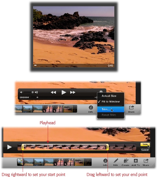 Top: Videos are marked with a tiny camcorder icon at the bottom left of their thumbnails. The number on the right side represents the movie’s length.Middle: Click the icon to reveal the Action menu.Bottom: When you’ve positioned the yellow sliders just right, click the Trim button.You can also move around within your movie by swiping a finger across the top of your Magic Mouse or Magic Trackpad.