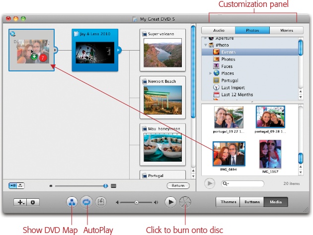 Map view is most useful when you’re creating a complex DVD with nested menu screens, like the ones you might rent from Netflix.But for slideshow purposes, its most useful feature is the AutoPlay icon. Any pictures or albums you drag onto this tile begin to play automatically when you insert the DVD into a DVD player—no remote-control fussing required.