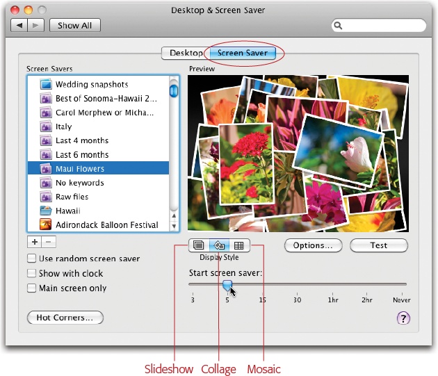 All of your iPhoto albums are listed in the Screen Saver panel of the Desktop & Screen Saver window. Just pick the one you want to use as a screensaver and your Mac turns your photos into a smooth, full-screen slideshow.Here, the Display Style is set to Collage, in which your photos don white borders and appear to float down onto your desktop, one by one, into a big stack.