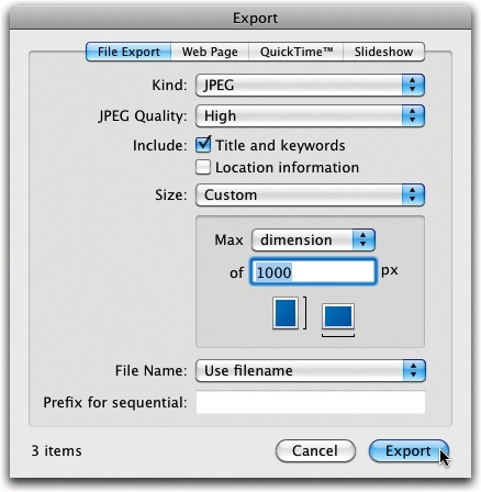 The Export dialog box gives you control over the file format, names, and dimensions of the pictures you’re about to extract from iPhoto. You can also include the photo’s map coordinates by turning on the Location Information checkbox. The number of photos you’re about to export appears in the lower-left corner of the box.You can even tell iPhoto to use whatever names you gave your pictures, instead of the original, incomprehensible file names bestowed by your camera. To do so, choose “Use title” from the File Name pop-up menu.And don’t miss the Custom option in the Size pop-up menu. This option lets you export scaled-down versions of your photos, de-megapixeling them for web pages, desktop pictures, folder-window pictures, and so on.