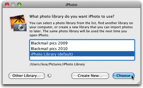 If you open iPhoto while holding down the Option key, the program invites you to pick which library you want to open or to create a new one. If your goal is to start a fresh library for the new year, click Create New and give it a name.To pick an existing library, either double-click it in the list or click once to select it and then click Choose.