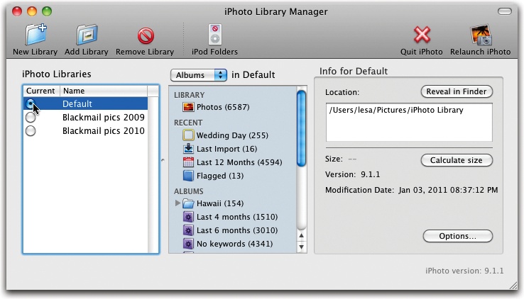 iPhoto Library Manager lets you switch among as many different iPhoto libraries as you want. Select a library from the list on the left and the middle column shows its albums and other details. To view the photos in iPhoto, select a library and click Launch iPhoto (or Relaunch iPhoto). The program is free, though $20 unlocks even more advanced features, as discussed in the next section.