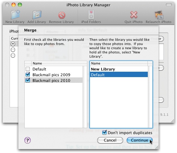 Turn on the checkboxes of the libraries you want to combine in the column on the left.To combine them into a new library, leave New Library selected in the right column.Or, to add them to an existing library (like your Default library), select the existing library on the right and then click Continue—and walk away (or go to bed, because it can take awhile).