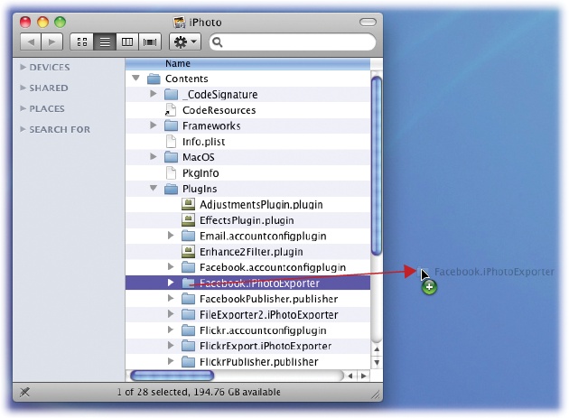 To remove a plug-in, just drag it out of the PlugIns folder, as shown here.You may be surprised to discover that a number of iPhoto’s “built-in” features are actually plug-ins written by Apple’s programmers. Most of them are responsible for familiar printing and exporting options. Any others should be turned off in times of troubleshooting. (If you can’t remember which plug-ins you’ve installed yourself, then reinstall iPhoto.)