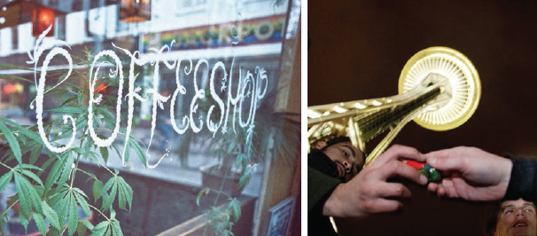 FROM LEFT: Coffee Shop, Amsterdam • Marijuana legalized in Washington State