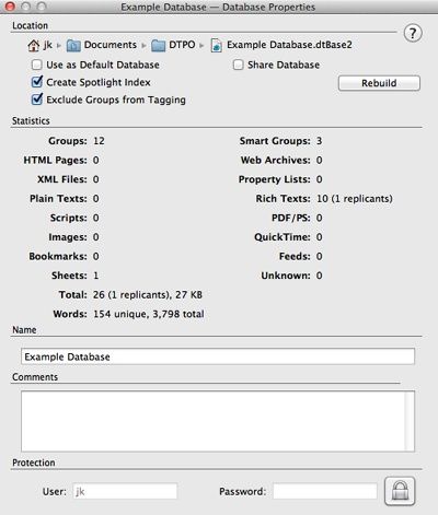 Set database properties, including password protection, in this window.