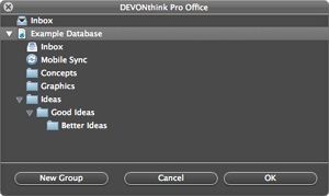 This panel appears when Select Group is your default destination and you drop something on DEVONthink’s Dock icon.