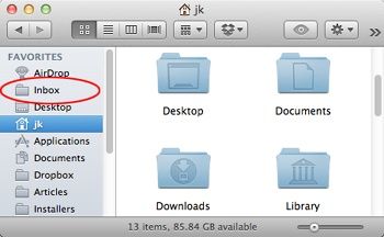 Your system-wide global Inbox (shown here circled in red) appears in the sidebar in your Finder windows.