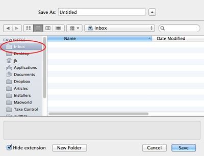 The system-wide global Inbox (shown here circled in red) appears in the sidebar of Save dialogs.