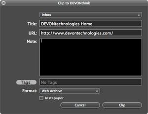 When you use the Clip to DEVONthink bookmarklet, you can add a note, enter tags, and choose a format here.