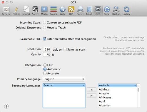 Set preferences for both automatic and manual OCR in this preference pane.