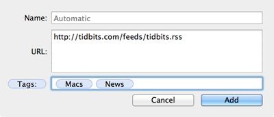 Enter a feed’s URL and any tags you want to apply to it in this dialog.