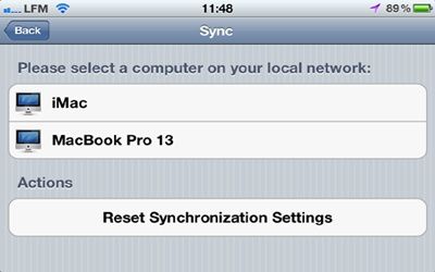 Your iOS device lists all the Macs on your local network to which you can sync.