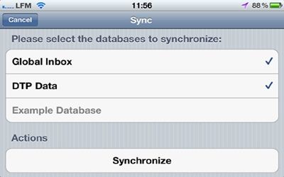 In this example, the global Inbox and the database “DTP Data” are selected to sync with this iOS device.