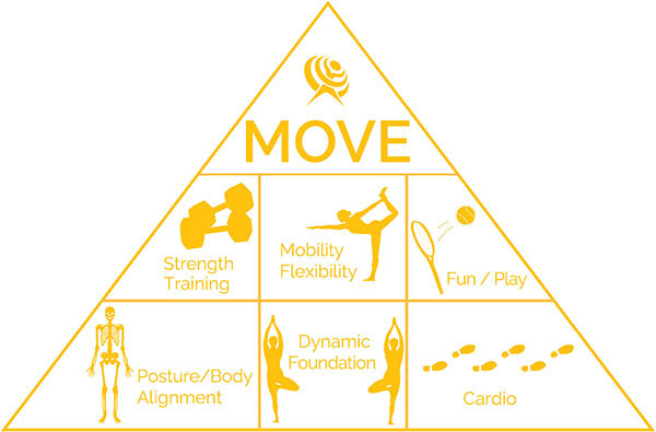 MOVE Methodology includes strength training, mobility flexibility, fun or play, posture or body alignment, dynamic foundation, and cardio.