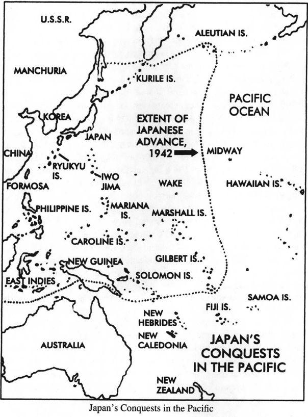 U.S.S.R. ALEUTIAN IS KURILE IS. PACIFIC OCEAN EXTENT OF JAPANESE HAWAIIAN IS WAKE ADVANCE, MIDWAY JAPAN RYUKYU ISIWO FORMOSA JIMA MARIANA ARSHALL IS PHILIPPINE IS CAROLINE IS GILBERT GUINEA SAMOA IS FIJI NEW HEBRIDES NEW H-JAPAN’S CALEDONIA MrMIN CONQUESTS IN THE PACIFIC NEW ZEALAND Japan’s Conquests in the Pacific