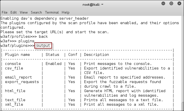 Scanning using the w3af console