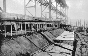 The U-Deutschland under final construction at Germaniawerft, showing her tank deck and the struts that support the casing deck.