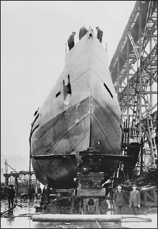 The U-Deutschland ready to slide stern first into the water, 28 March 1916.