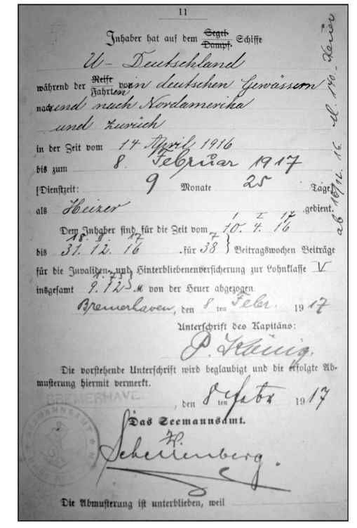 This is an example of the merchant marine identification booklet that each U-Deutschland crewman received to establish that he was not a member of the German navy (Kaiserliche-Marine).