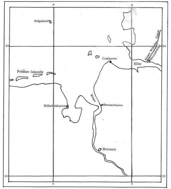 Map 2. Bremen and the area around it, including the Kaiser Wilhelm Canal exit at Brunsbüttel on the Elbe and the position of Helgoland