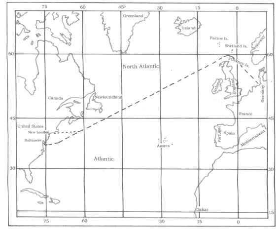 Map 4. The route the U-Deutschland followed across the Atlantic to Baltimore and New London