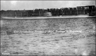 This postcard shows the U-Deutschland (misidentified as the U-Bremen) leaving Helgoland on the evening of 14 June 1916 en route to the United States.