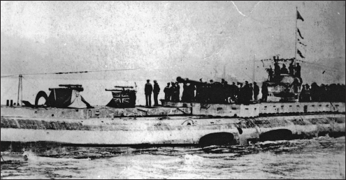 The ex-U-Deutschland, now the U-155, returning from her first war patrol on 5 September 1915.