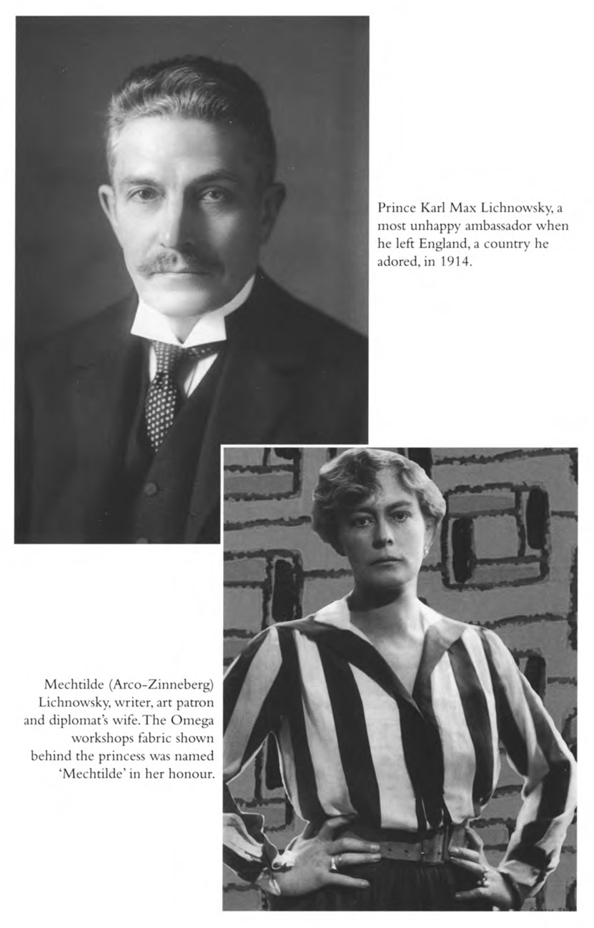 Prince Karl Max Lichnowsky, a most unhappy ambassador when he left England, a country he adored, in 1914. Mechtilde (Arco-Zinnerberg) Lichnowsky, writer, art patron and diplomat’s wife. The Omega workshops fabric shown behind the princess was named ‘Mechtilde’ in her honour.