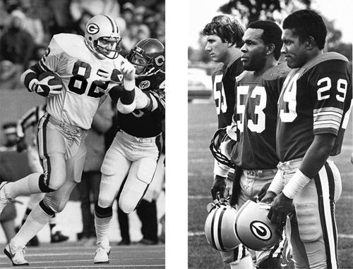 In 1983 tight end Paul Coffman (left, 82) and the Packers’ high-octane offense tried outrunning their opponents by generating 6,172 yards, 52 touchdowns, and 429 points. But Green Bay’s defense was just as vulnerable, allowing 6,403 yards, 50 touchdowns, and 439 points despite the solid efforts of (right) John Anderson (59), Mike Douglass (53), and Mike McCoy (29). (left: milwaukee journal sentinel; right: wisconsin state journal)