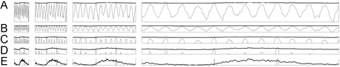 Figure 2.12.7 Visualizing two data series with contrasting demands in one graph. In the top row (A), the details of the grey oscillation are revealed by stretching the graph. More detail is seen by squashing the y-axis (B), which increases the aspect ratio further, showing the different rates of increase and decline. However, the pattern in the black data becomes increasingly hidden. Each stretch, and each squash, flattens the black pattern. More could be seen of the black data in the thinnest and, relatively, tallest plot (left hand side of A) where the grey data was least visible. By zooming in the detail of trend, and fine scale oscillations around that trend, are shown for the black data (C–E), but at the expense of the grey data. In (E) we have contravened what some might call a golden rule by truncating the y-axis. The format of a graph might not always suit all the patterns it contains. Arbitrary data selections were downloaded and modified from www.sidc.be/silso/datafiles and for the Waddington data station http://data.giss.nasa.gov/gistemp/stdata/.