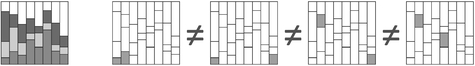 Figure 2.12.8 As shown by visualization studies (e.g. Talbot, Setlur and Anand 2014), making comparisons within a single chart is subject to a variety of position dependent errors. Comparisons of size are not equally accurate for the data highlighted in each chart. Where the data are categorical a designer would select the ordering, or enforce an arbitrary ordering such as alphabetical order, but each design will affect what is seen in different ways.