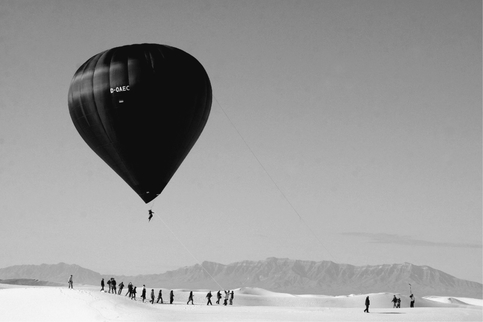 Figure 3.8.1 Tomás Saraceno Aerocene, launches at White Sands (NM, United States), 2015. The launches at White Sands and the symposium ‘Space without Rockets’, initiated by Tomás Saraceno, were organized together with the curators Rob La Frenais and Kerry Doyle for the exhibition ‘Territory of the Imagination’ at the Rubin Center for the Visual Arts. The sculpture D-OAEC is made possible due to the generous support of Christian Just Linde. The artistic experiment achieved two world records of the first and the longest solely solar flight by a lighter-than-air vehicle. (Courtesy the artist; Pinksummer contemporary art, Genoa; Tanya Bonakdar, New York; Andersen’s Contemporary, Copenhagen; Esther Schipper, Berlin. © Photography by Studio Tomás Saraceno, 2015.)