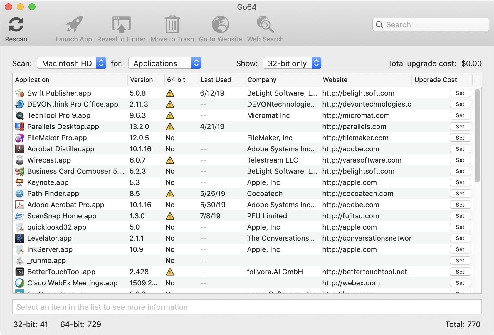 Figure 4: The Go64 app lists installed 32-bit apps in need of upgrading.