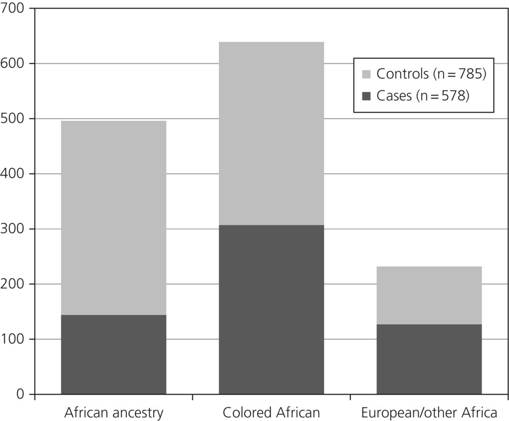 Stacked bar graph comparing the number of controls and cases by African ancestry, colored African, and European and other Africa in the African INTERHEART Study.