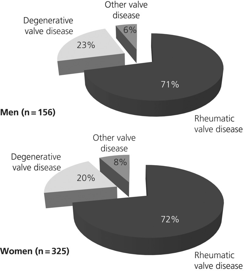 Exploded pie charts presenting the percentages of men (top chart) and women (bottom chart) with rheumatic valve disease, degenerative valve disease, and other valve disease.