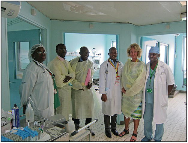 Photo of five African medical practitioners with a Caucasian woman in a laboratory.