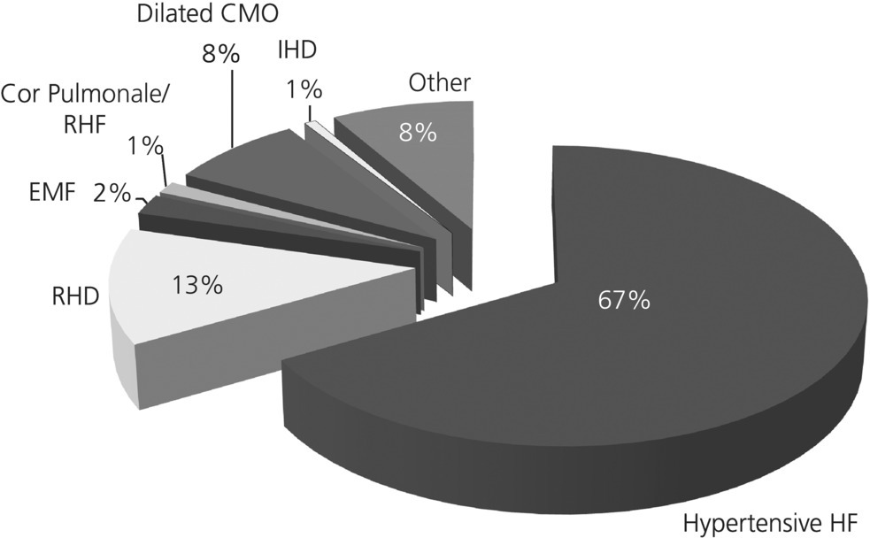 Exploded pie chart of the major causes of heart failure in Nigeria in 2010: hypertensive HF (67%), dilated CMO (8%), RHD (13%), EMF (2%), RHF (1%), IHD (1%), and other (8%).